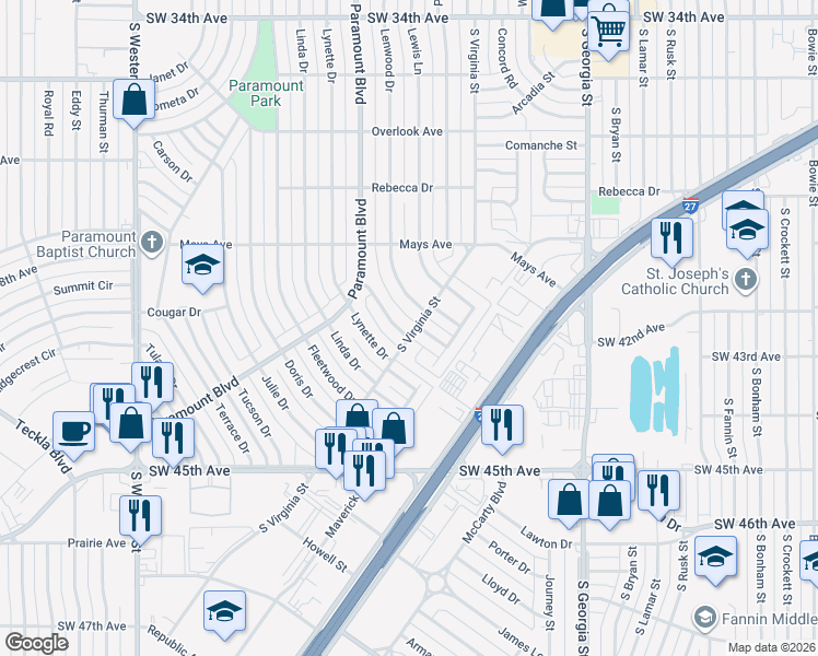 map of restaurants, bars, coffee shops, grocery stores, and more near 3900-3950 South Virginia Street in Amarillo