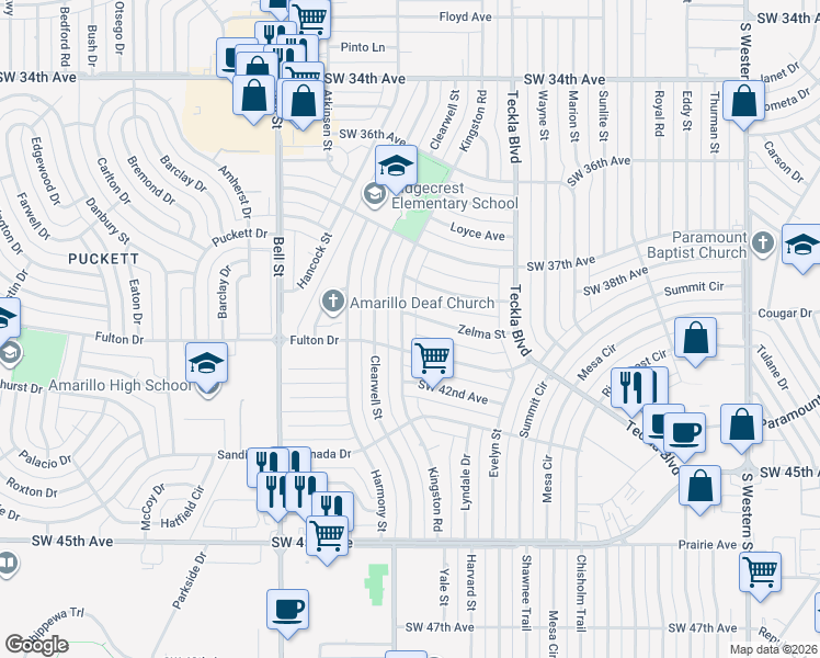 map of restaurants, bars, coffee shops, grocery stores, and more near 5228 Zelma St in Amarillo