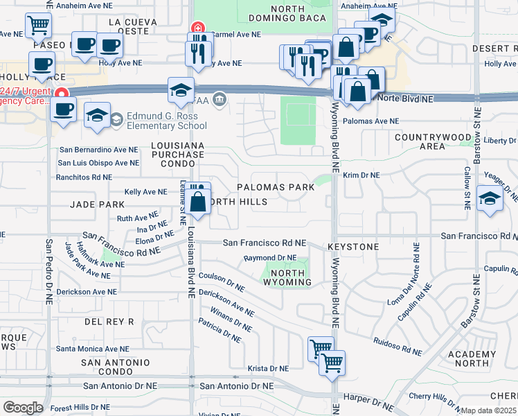 map of restaurants, bars, coffee shops, grocery stores, and more near 7215 Capitan Avenue Northeast in Albuquerque