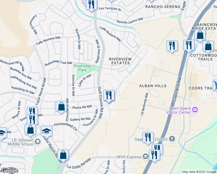 map of restaurants, bars, coffee shops, grocery stores, and more near 4428 Hillcrest Avenue Northwest in Albuquerque