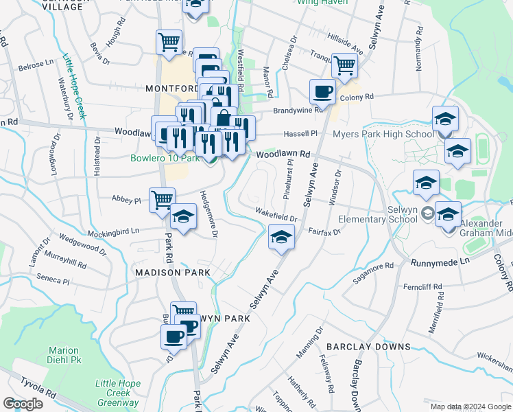 map of restaurants, bars, coffee shops, grocery stores, and more near 328 Wakefield Drive in Charlotte
