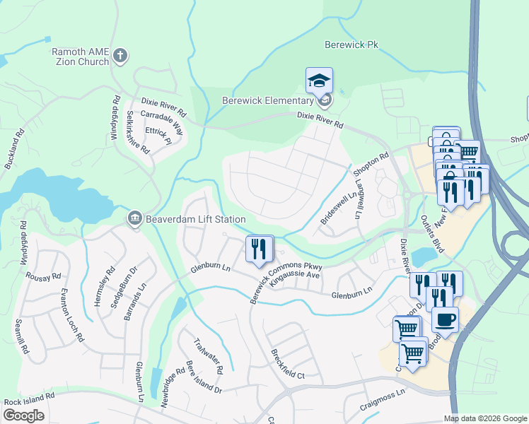 map of restaurants, bars, coffee shops, grocery stores, and more near 7458 Hamilton Bridge Road in Charlotte