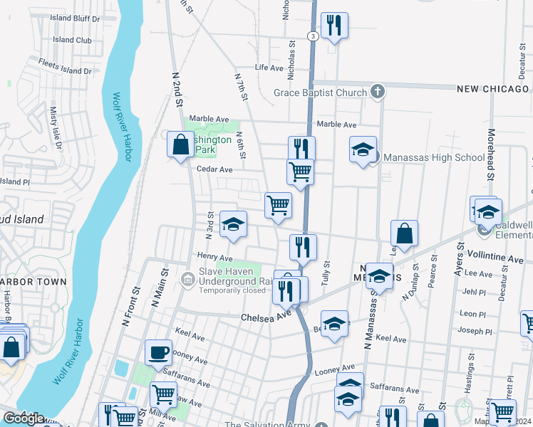 map of restaurants, bars, coffee shops, grocery stores, and more near 265 Faithful Alley in Memphis