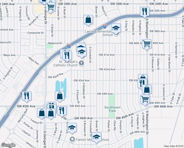map of restaurants, bars, coffee shops, grocery stores, and more near 4124 Bowie Street in Amarillo