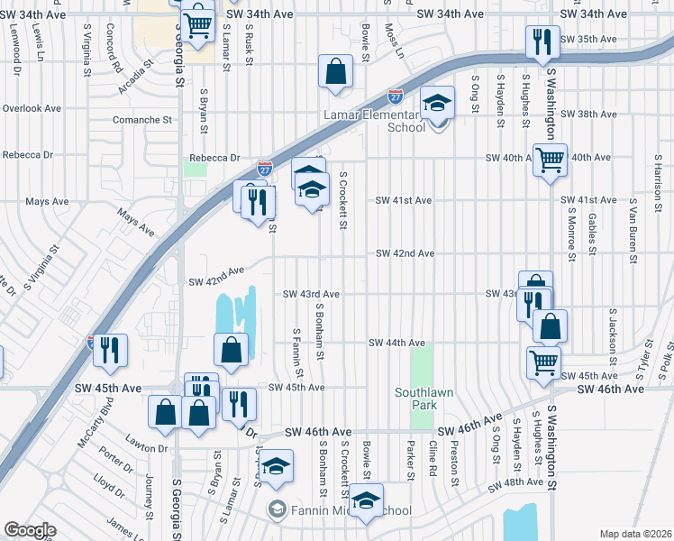 map of restaurants, bars, coffee shops, grocery stores, and more near 4204 Crockett Street in Amarillo