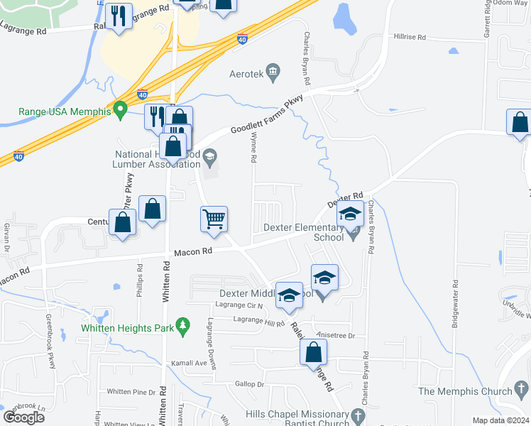 map of restaurants, bars, coffee shops, grocery stores, and more near 1575 Wynne Grove Road in Shelby County