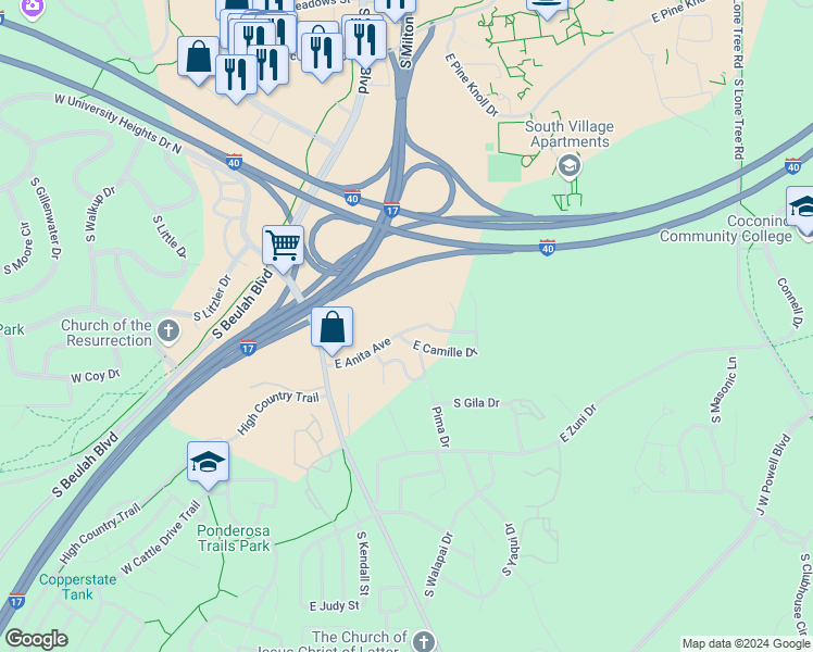 map of restaurants, bars, coffee shops, grocery stores, and more near 60 East Anita Avenue in Flagstaff