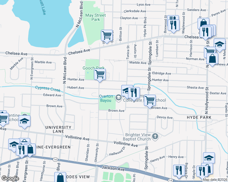 map of restaurants, bars, coffee shops, grocery stores, and more near 2086 Hubert Avenue in Memphis