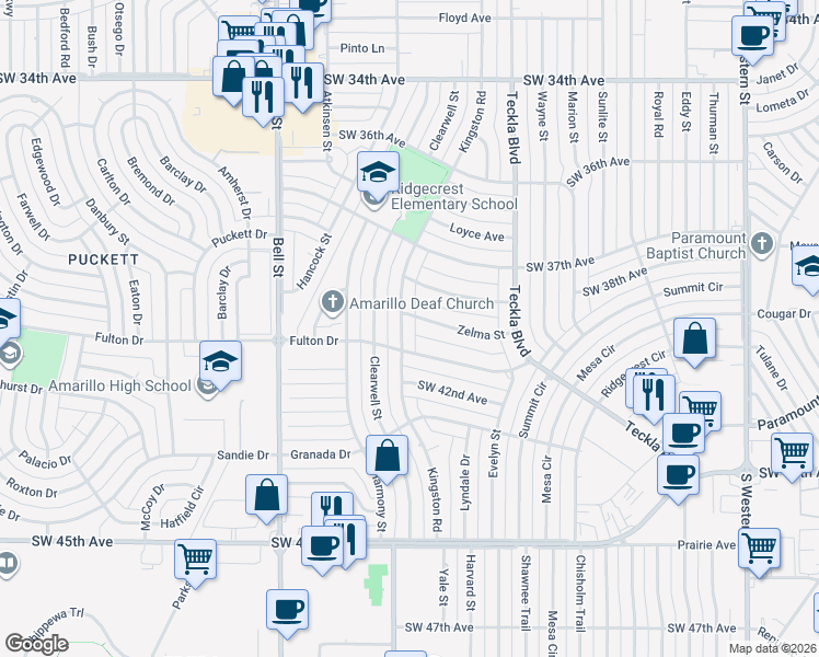 map of restaurants, bars, coffee shops, grocery stores, and more near 5228 Zelma St in Amarillo
