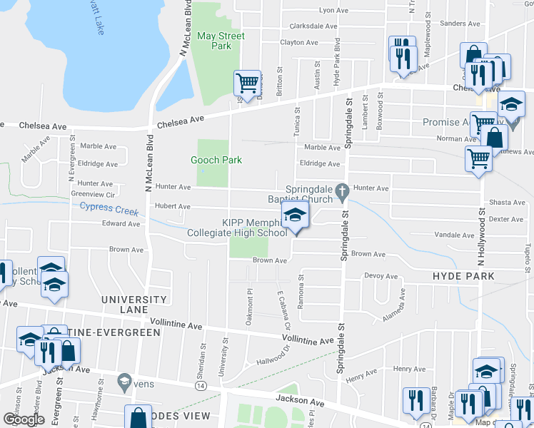 map of restaurants, bars, coffee shops, grocery stores, and more near 2086 Hubert Avenue in Memphis
