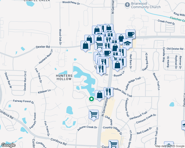 map of restaurants, bars, coffee shops, grocery stores, and more near Dexter Lake Drive in Memphis