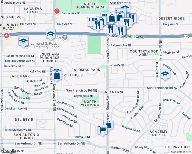 map of restaurants, bars, coffee shops, grocery stores, and more near 7604 La Mariposa Place Northeast in Albuquerque