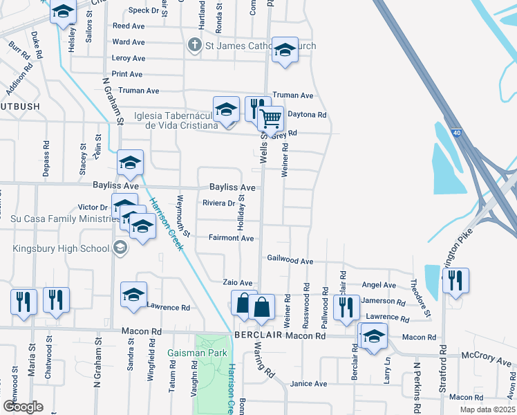 map of restaurants, bars, coffee shops, grocery stores, and more near 1369 Wells Station Road in Memphis
