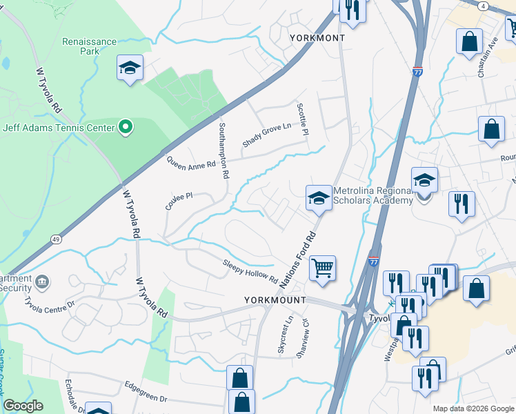 map of restaurants, bars, coffee shops, grocery stores, and more near 345 Bridal Veil Drive in Charlotte