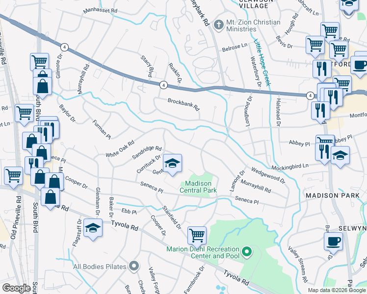 map of restaurants, bars, coffee shops, grocery stores, and more near 5345 Murrayhill Road in Charlotte