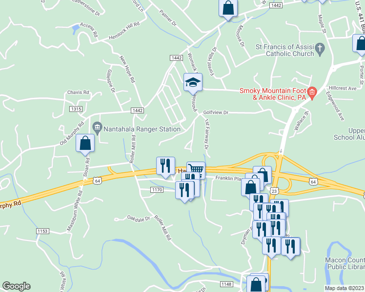 map of restaurants, bars, coffee shops, grocery stores, and more near 47 Woodland Circle in Franklin