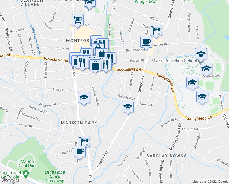 map of restaurants, bars, coffee shops, grocery stores, and more near 308 Wakefield Drive in Charlotte