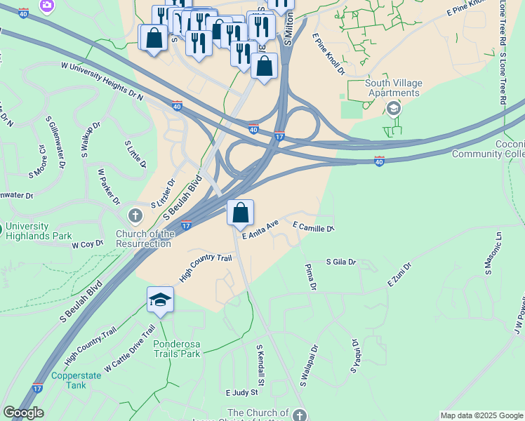 map of restaurants, bars, coffee shops, grocery stores, and more near 3400 Lake Mary Road in Flagstaff