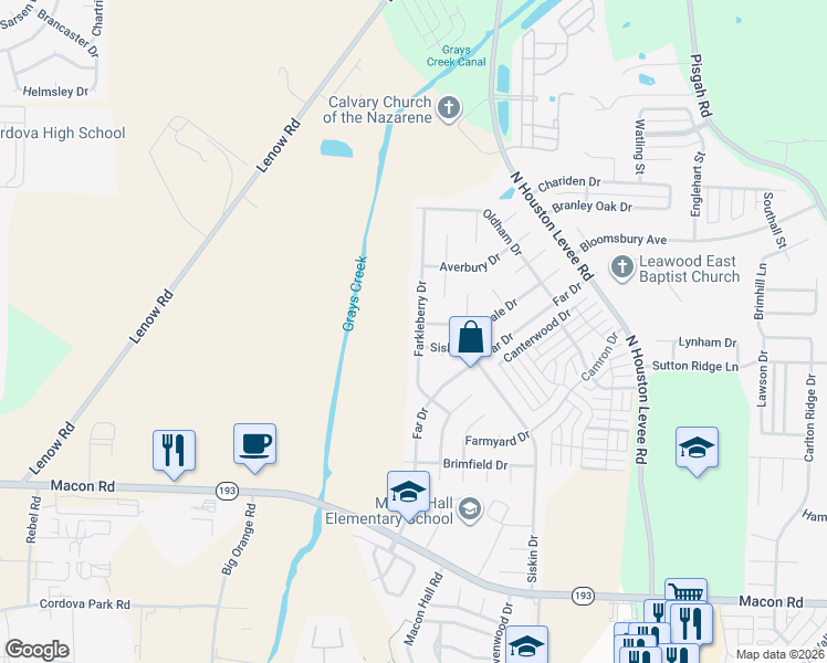 map of restaurants, bars, coffee shops, grocery stores, and more near 1593 Farkleberry Drive in Shelby County