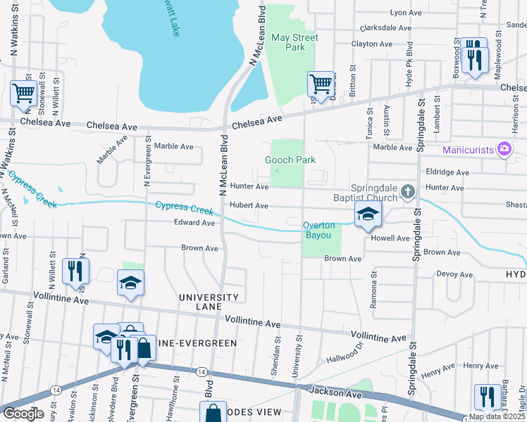 map of restaurants, bars, coffee shops, grocery stores, and more near 1938 Hubert Avenue in Memphis