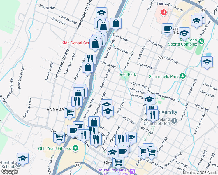 map of restaurants, bars, coffee shops, grocery stores, and more near 1353 Highland Avenue Northwest in Cleveland