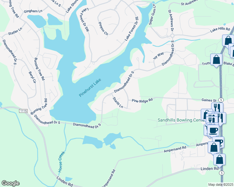 map of restaurants, bars, coffee shops, grocery stores, and more near 720 Diamondhead Drive South in Pinehurst