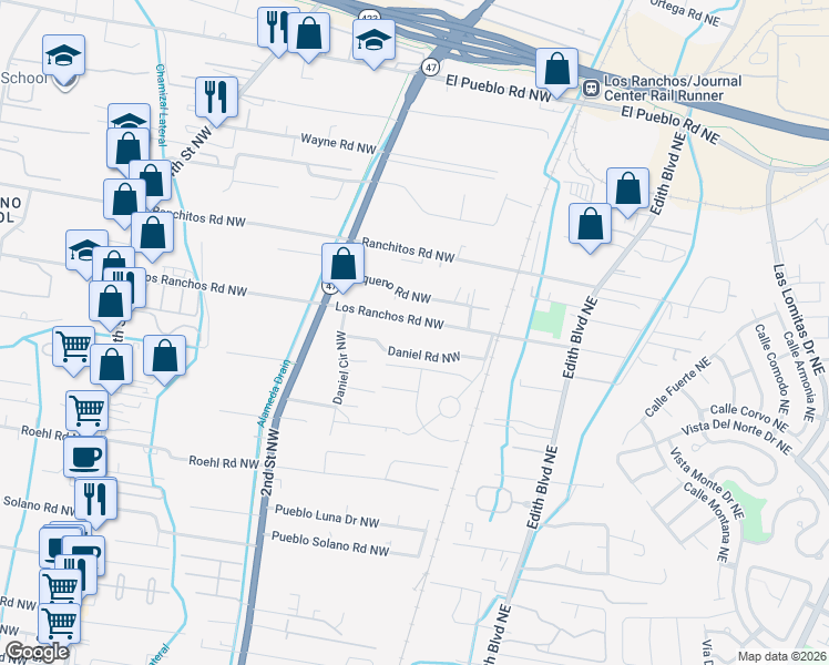 map of restaurants, bars, coffee shops, grocery stores, and more near 127 Los Ranchos Road Northwest in Albuquerque