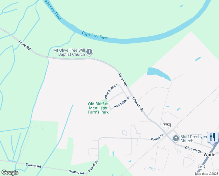 map of restaurants, bars, coffee shops, grocery stores, and more near 5301 Anna Belle Lane in Wade