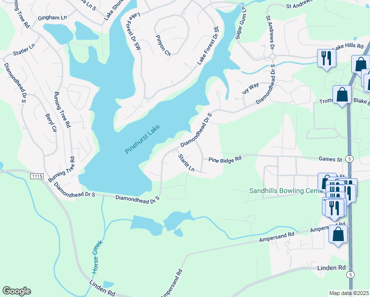 map of restaurants, bars, coffee shops, grocery stores, and more near 720 Diamondhead Drive South in Pinehurst
