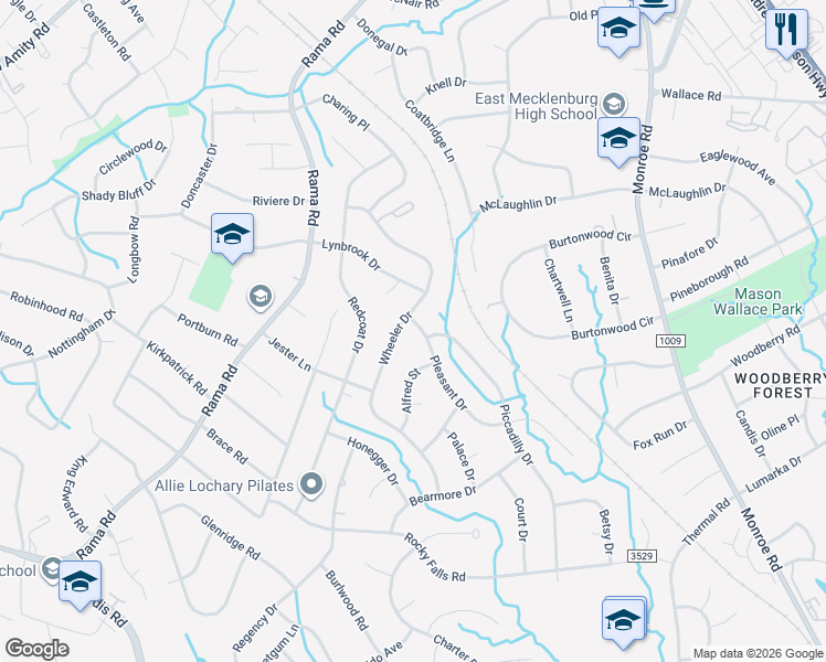 map of restaurants, bars, coffee shops, grocery stores, and more near 6608 Pleasant Drive in Charlotte