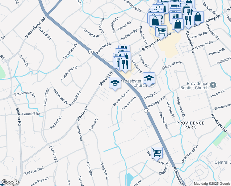 map of restaurants, bars, coffee shops, grocery stores, and more near 3028 Providence Road in Charlotte