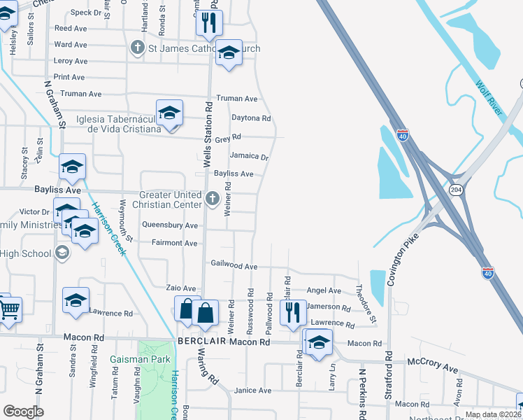 map of restaurants, bars, coffee shops, grocery stores, and more near 1378 Russwood Road in Memphis