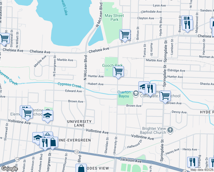 map of restaurants, bars, coffee shops, grocery stores, and more near 1938 Hubert Avenue in Memphis