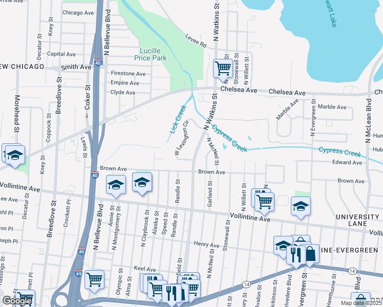 map of restaurants, bars, coffee shops, grocery stores, and more near 1105 North Watkins Street in Memphis