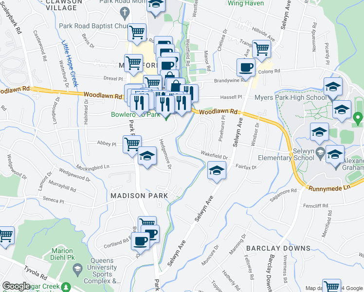 map of restaurants, bars, coffee shops, grocery stores, and more near 339 Wakefield Drive in Charlotte