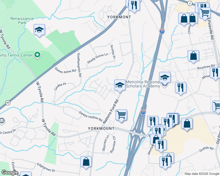 map of restaurants, bars, coffee shops, grocery stores, and more near 5832 Pisgah Way in Charlotte