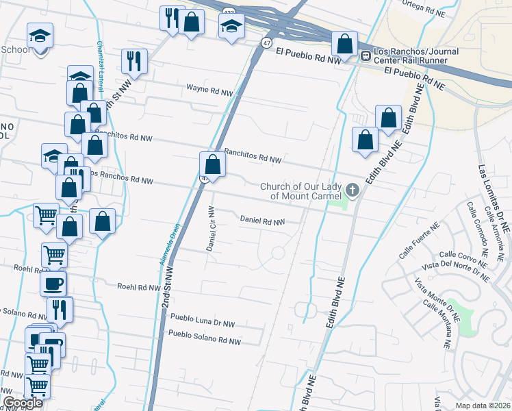 map of restaurants, bars, coffee shops, grocery stores, and more near 127 Los Ranchos Road Northwest in Albuquerque