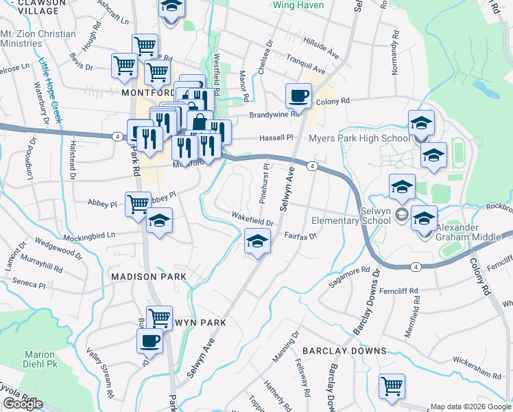 map of restaurants, bars, coffee shops, grocery stores, and more near 557 Wakefield Drive in Charlotte