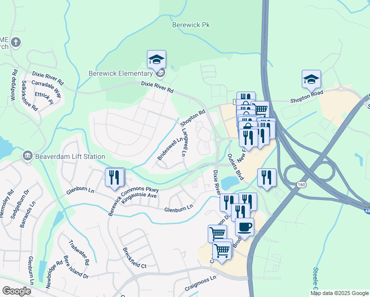 map of restaurants, bars, coffee shops, grocery stores, and more near 5834 Langwell Lane in Charlotte