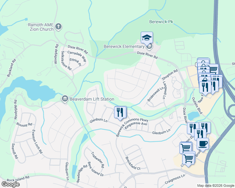 map of restaurants, bars, coffee shops, grocery stores, and more near 9330 Inverness Bay Road in Charlotte