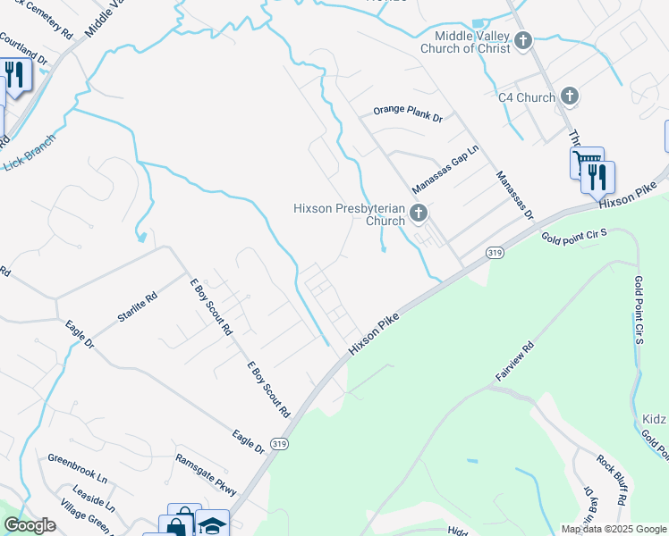 map of restaurants, bars, coffee shops, grocery stores, and more near 7023 Hixson Pike in Middle Valley