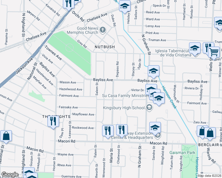 map of restaurants, bars, coffee shops, grocery stores, and more near 1358 Maria Street in Memphis