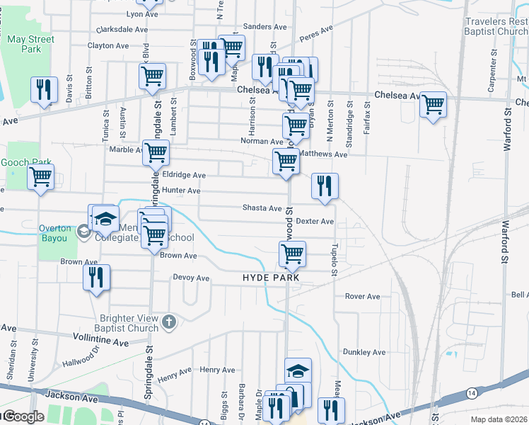 map of restaurants, bars, coffee shops, grocery stores, and more near 2392 Shasta Avenue in Memphis
