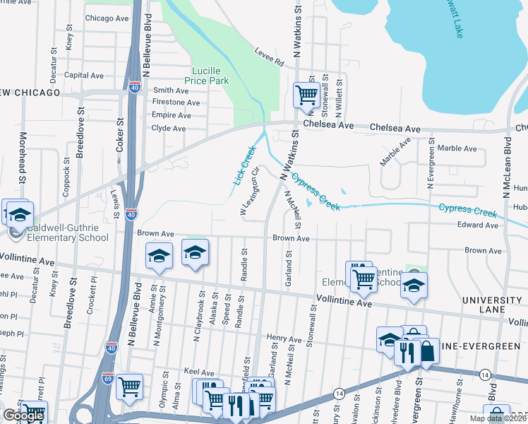 map of restaurants, bars, coffee shops, grocery stores, and more near 1105 North Watkins Street in Memphis