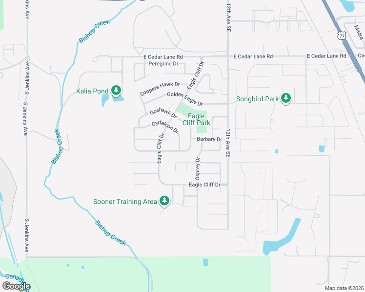 map of restaurants, bars, coffee shops, grocery stores, and more near 4108 Gyrfalcon Drive in Norman