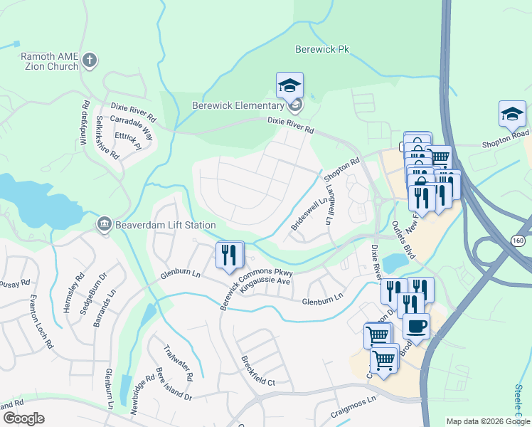 map of restaurants, bars, coffee shops, grocery stores, and more near 7417 Hamilton Bridge Road in Charlotte
