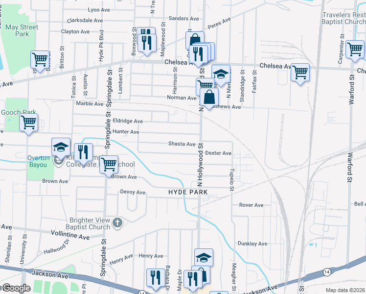 map of restaurants, bars, coffee shops, grocery stores, and more near 2392 Shasta Avenue in Memphis