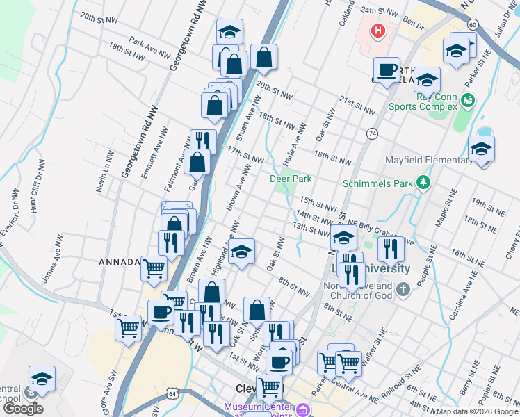 map of restaurants, bars, coffee shops, grocery stores, and more near 1353 Harle Avenue Northwest in Cleveland