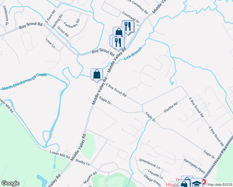 map of restaurants, bars, coffee shops, grocery stores, and more near 1620 East Boy Scout Road in Chattanooga