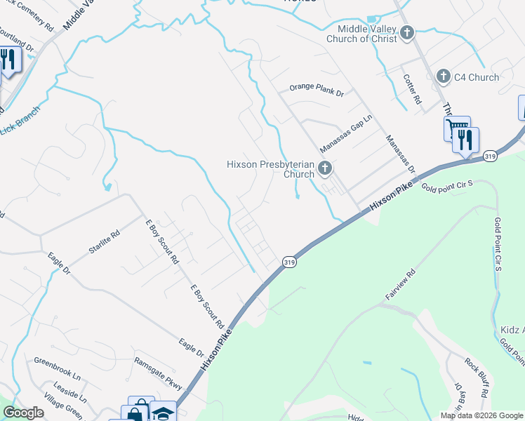 map of restaurants, bars, coffee shops, grocery stores, and more near 7023 Hixson Pike in Middle Valley
